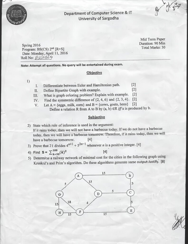Discrete Structure BSCS 2nd MID TERM Past paper 2016 UOS
