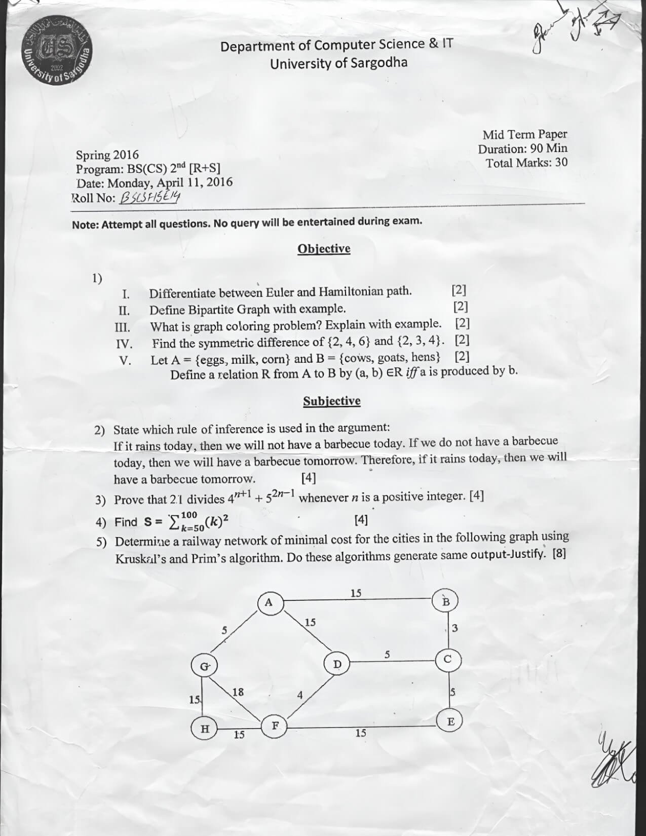 Discrete Structure BSCS 2nd MID TERM Past paper 2016 UOS 1 Discrete Structure BSCS 2nd MID TERM Past paper 2016 UOS