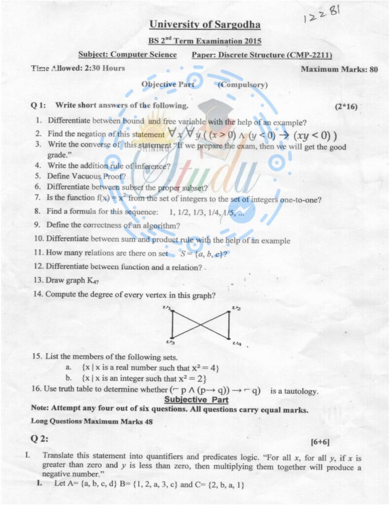 Discrete Structure BSCS 2nd TERM Past paper 2015 UOS 1