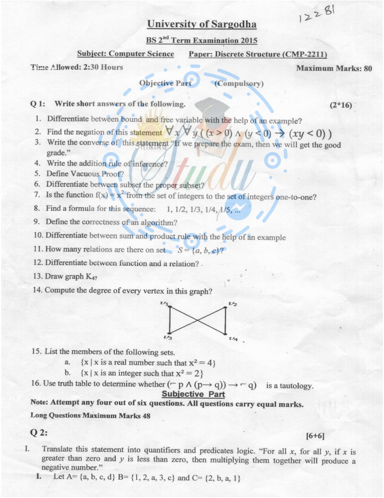 Discrete Structure BSCS 2nd TERM Past paper 2015 UOS 1 Discrete Structure BSCS 2nd TERM Past paper 2015 UOS 1