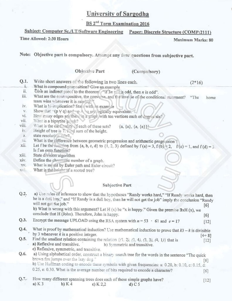 Discrete Structure BSCS or IT 2nd TERM Past paper 2016 UOS