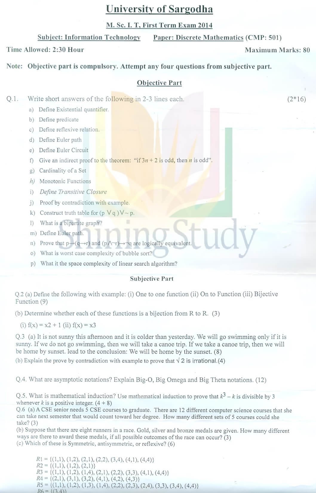 Discrete Structure MSc IT 1st TERM Past paper 2014 UOS 1 Discrete Structure MSc IT 1st TERM Past paper 2014 UOS