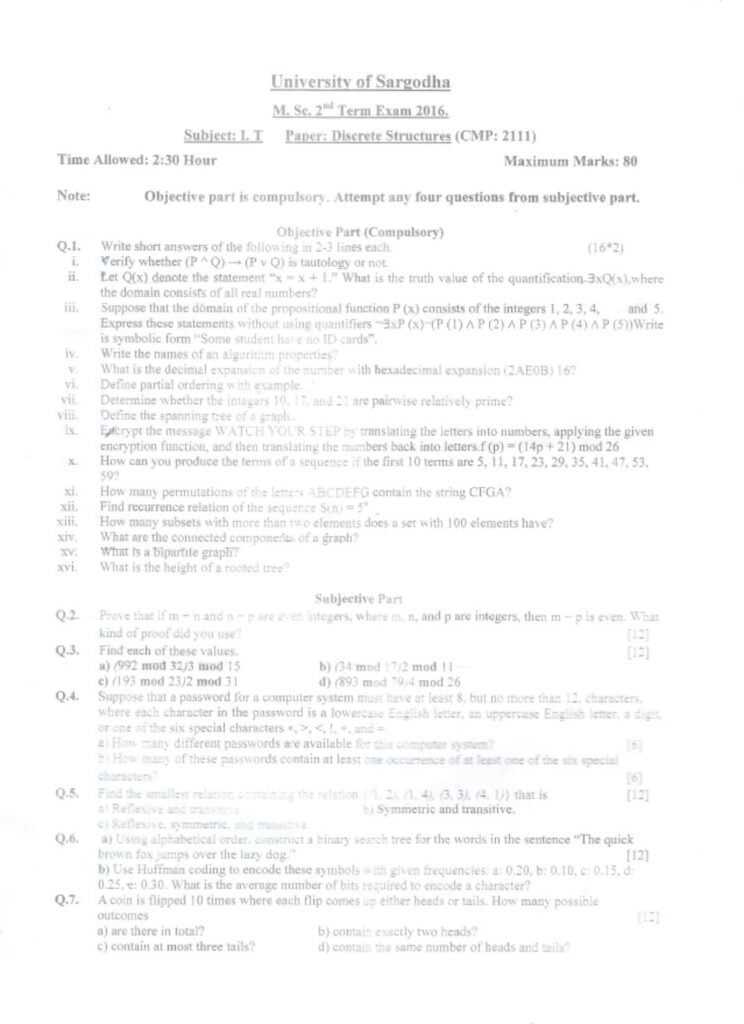 Discrete Structure MSc IT 2nd TERM Past paper 2016 UOS