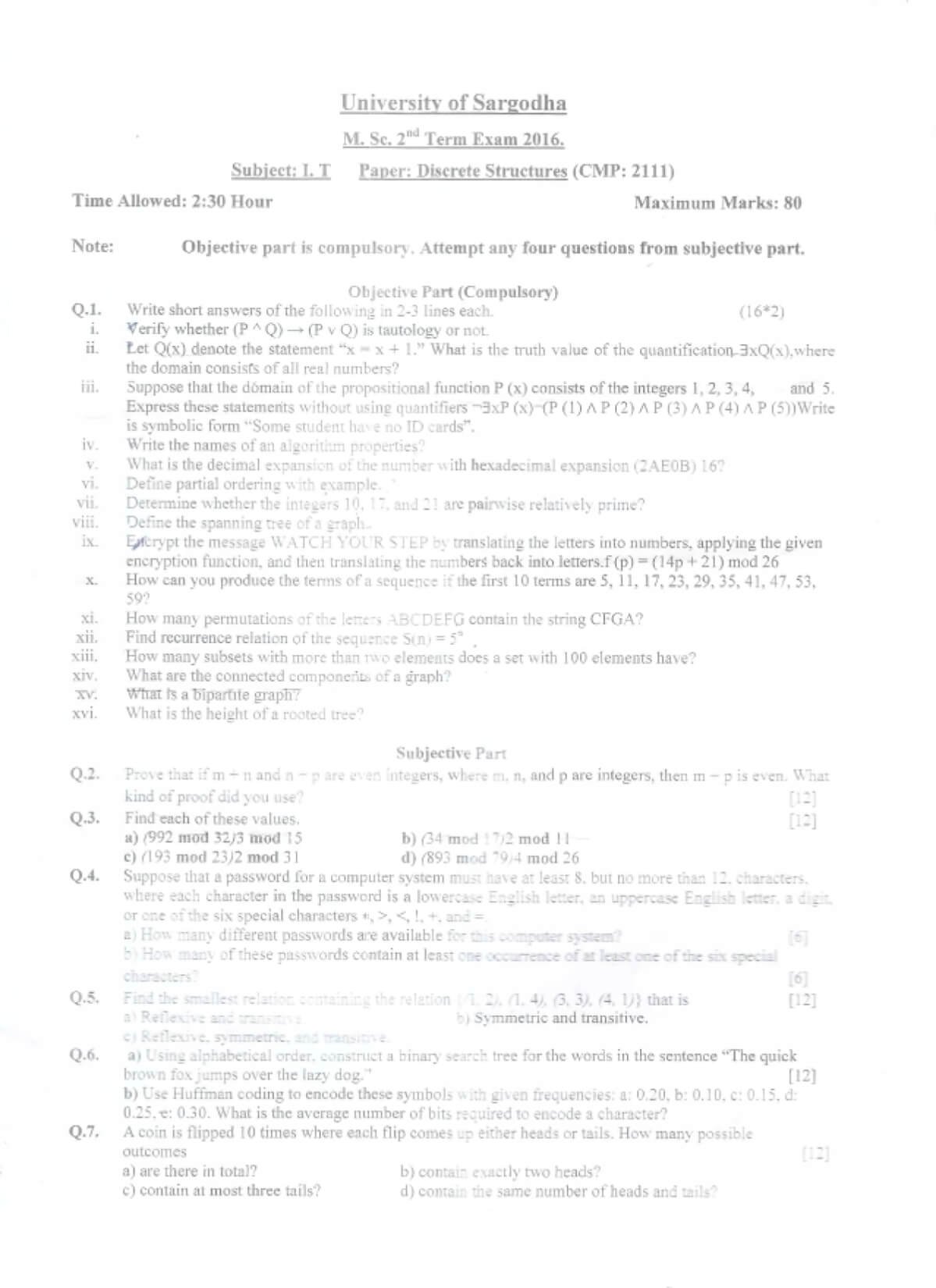 Discrete Structure MSc IT 2nd TERM Past paper 2016 UOS 1 Discrete Structure MSc IT 2nd TERM Past paper 2016 UOS