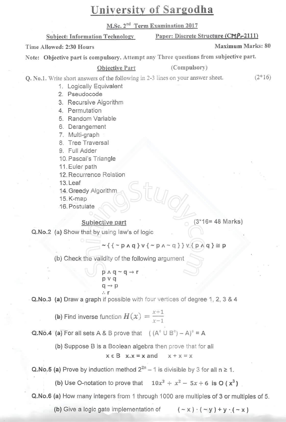 Discrete Structure MSc IT 2nd TERM Past paper 2017 UOS 1 Discrete Structure MSc IT 2nd TERM Past paper 2017 UOS