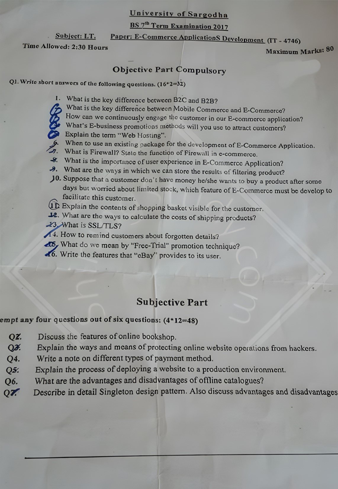 E Commerce Applications Development BS IT 7th Term Past Paper 2017 UOS