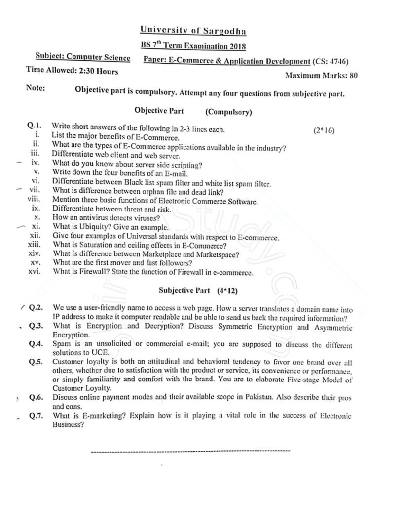 E Commerce Applications Development BSCS 7th Term Past Paper 2018 UOS