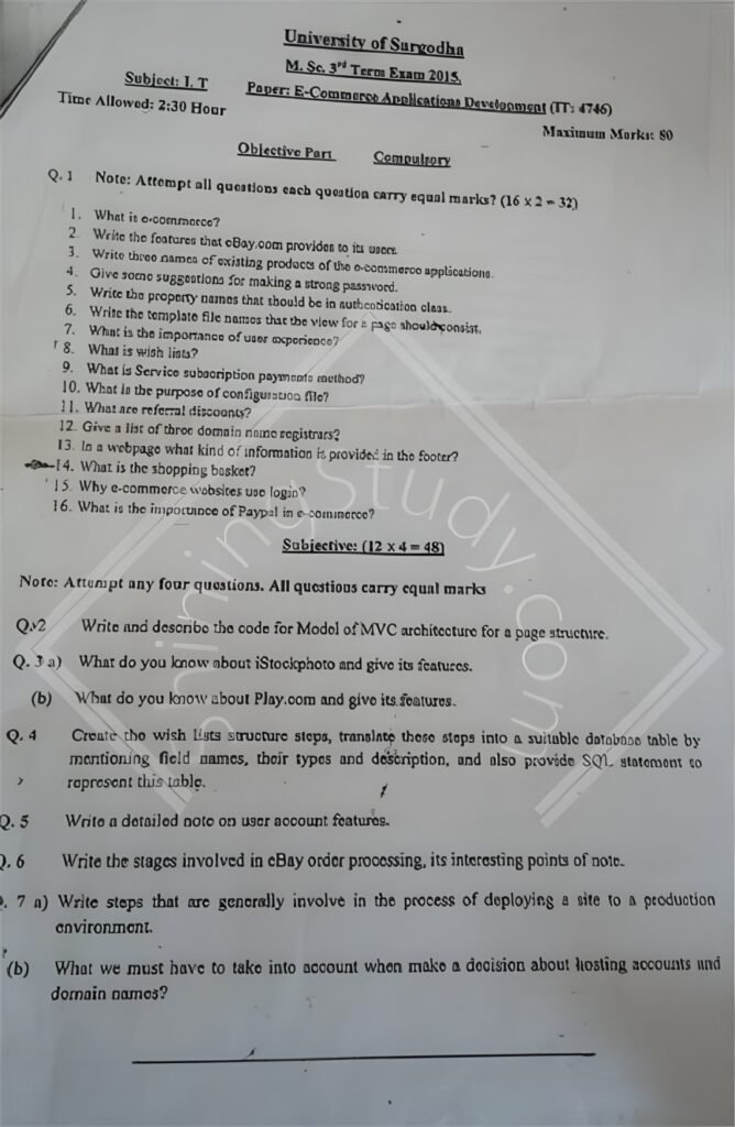 E Commerce Applications Development MSc IT 3rd Term Past Paper 2015 UOS