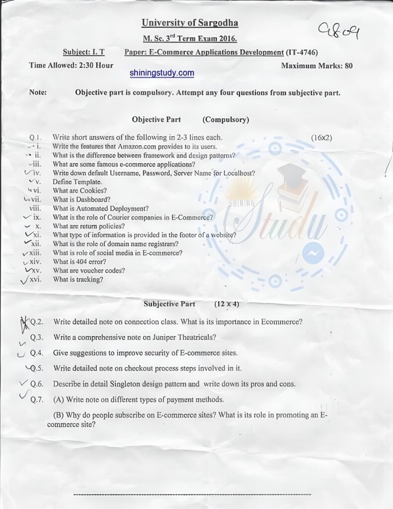 E Commerce Applications Development MSc IT 3rd Term Past Paper 2016 UOS