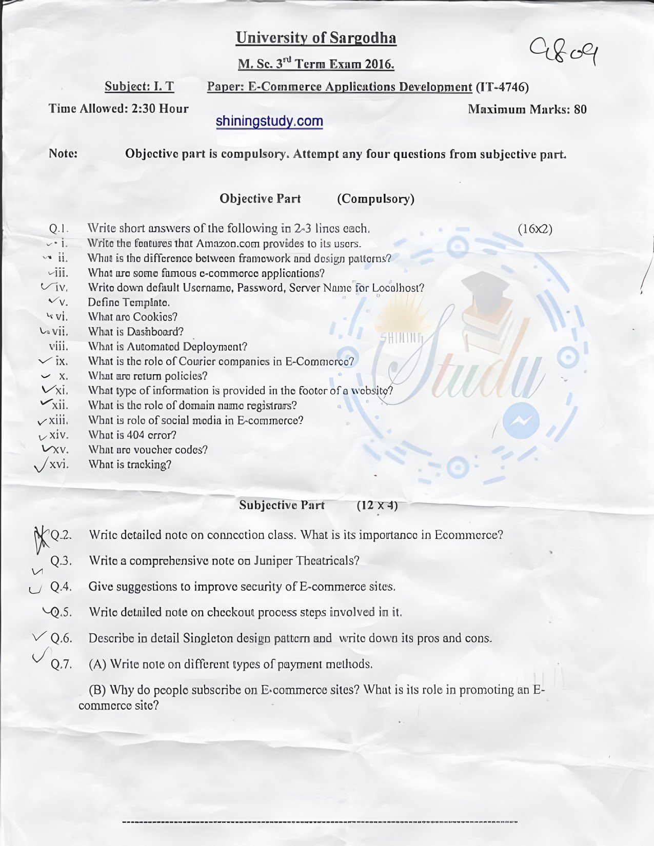 E Commerce Applications Development MSc IT 3rd Term Past Paper 2016 UOS