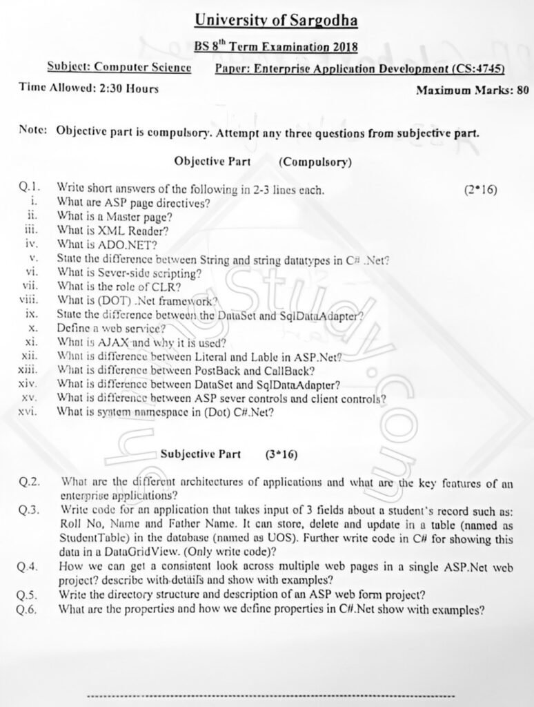 Enterprise Application Development BSCS 8th Term Past Paper 2018 UOS