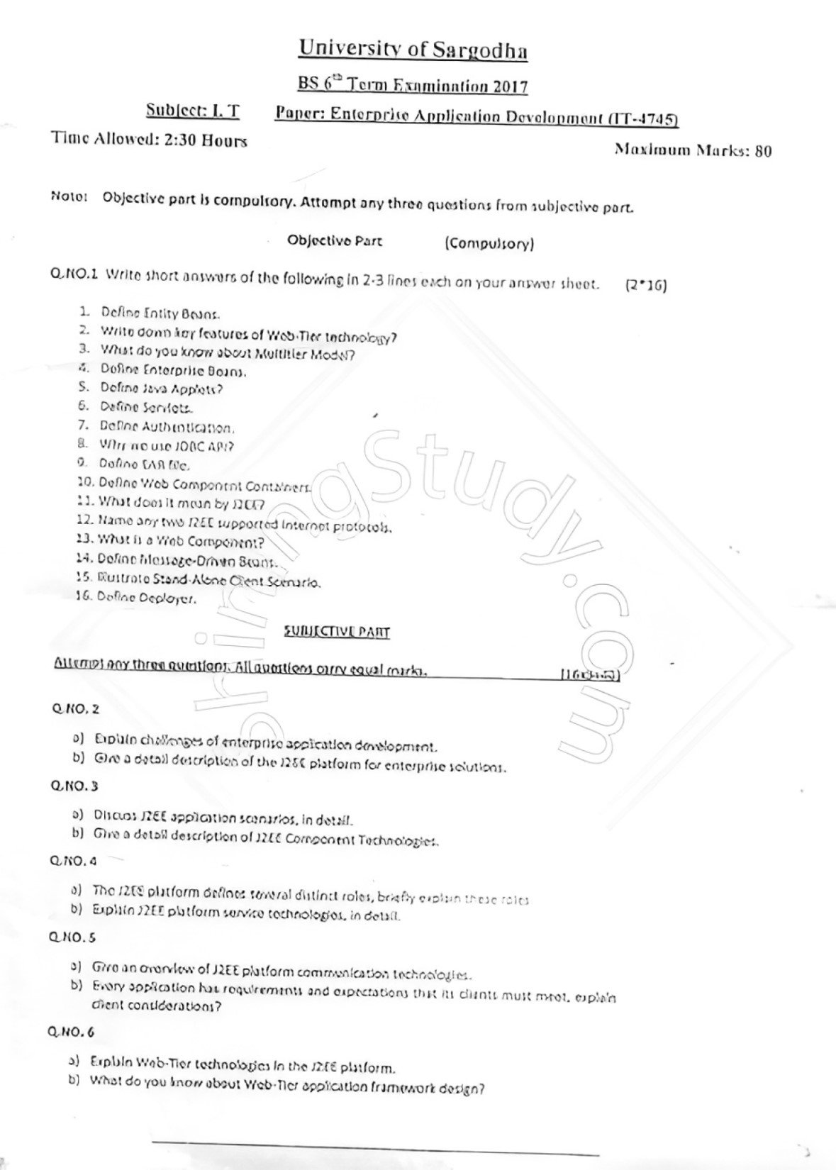 Enterprise Application Development BSIT 6th Term Past Paper 2017 UOS 1 Enterprise Application Development BSIT 6th Term Past Paper 2017 UOS