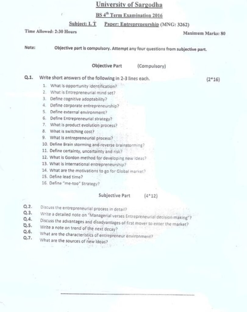 Entrepreneurship BS IT 4th Term Past Paper 2016 UOS