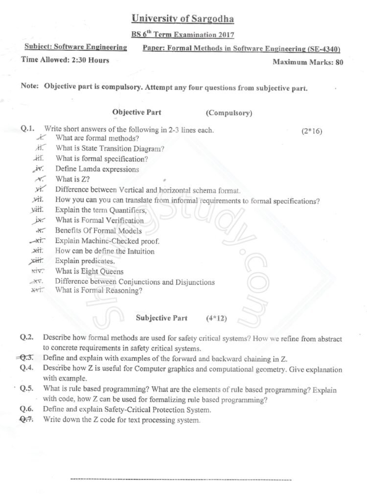 Formal Methods In Software Engineering BSSE 6th Term Past Paper 2017 UOS