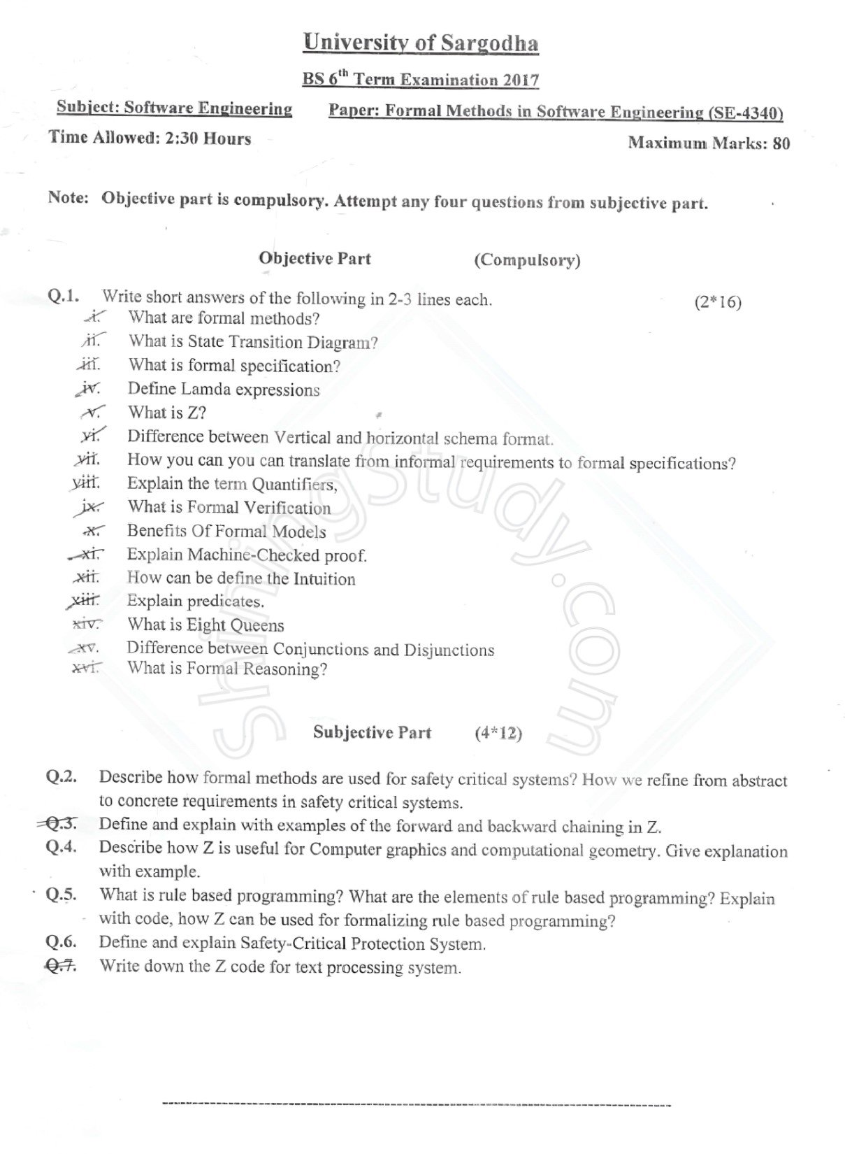 Formal Methods In Software Engineering BSSE 6th Term Past Paper 2017 UOS