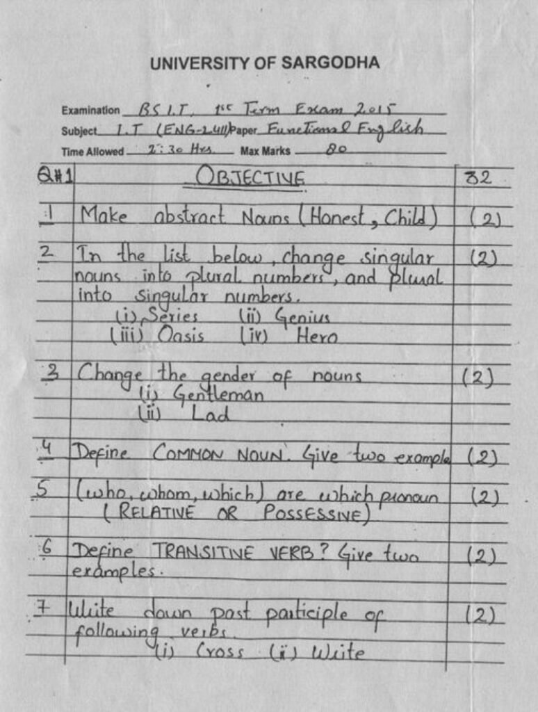 Functional English BS IT 1st Term Past Paper 2015 UOS 1