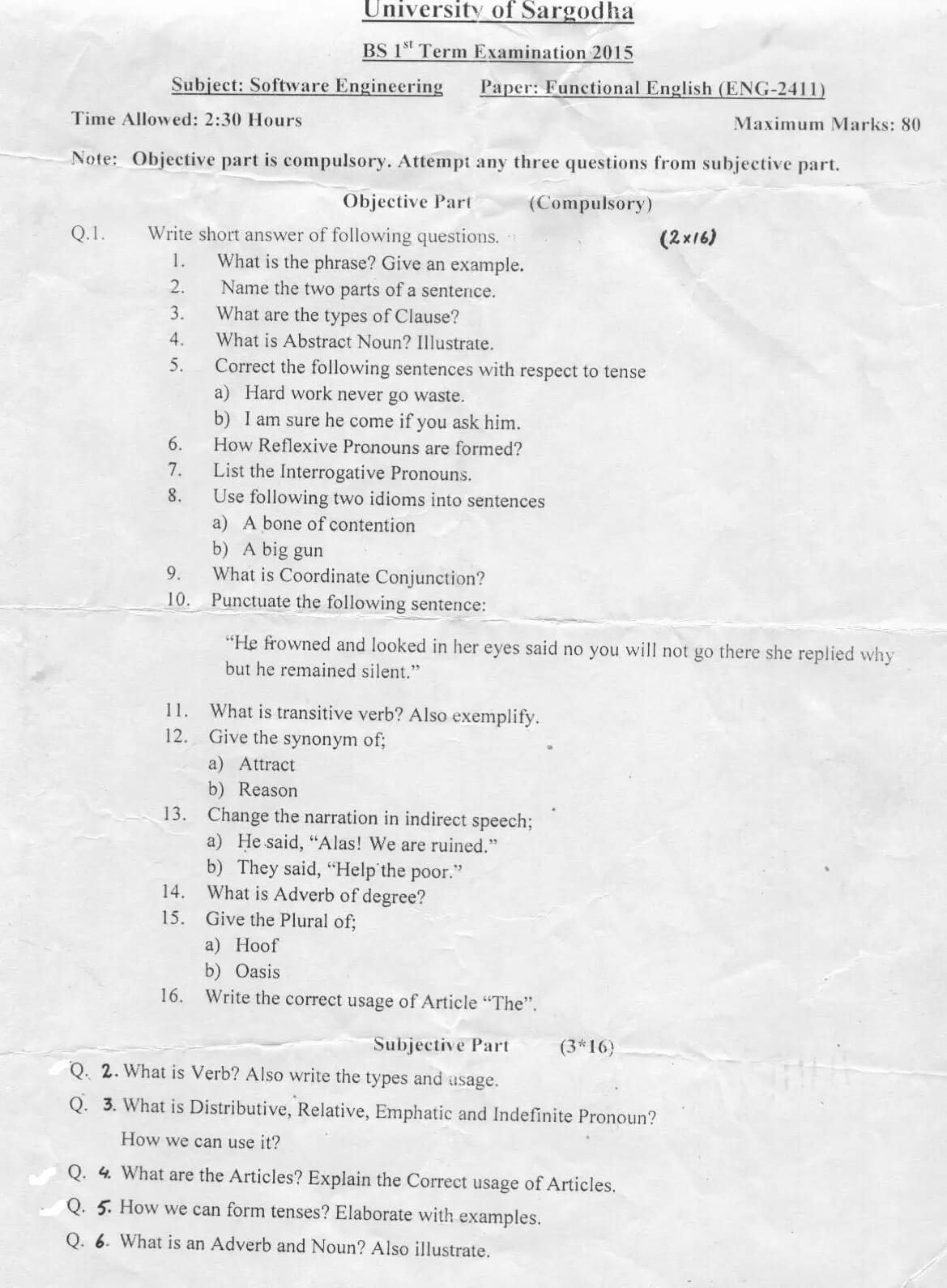 Functional English BSCS 1st Term Past Paper 2015 UOS 1 Functional English BSCS 1st Term Past Paper 2015 UOS
