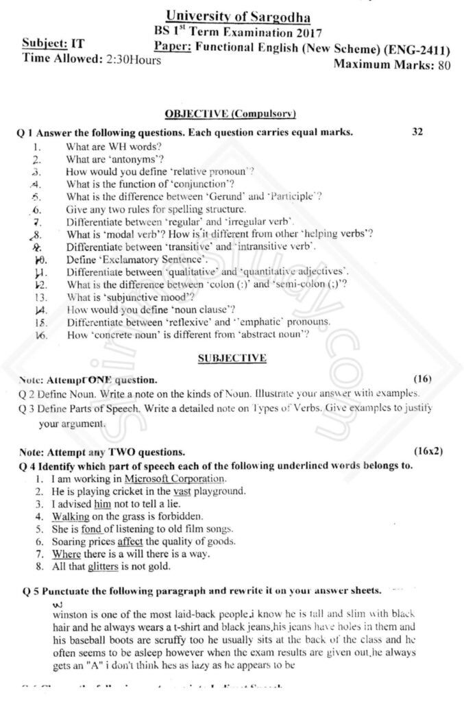 Functional English BSIT 1st Term Past Paper 2017 UOS