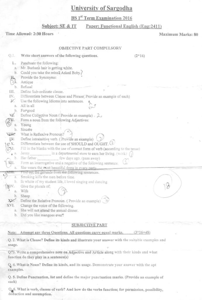 Functional English BSSE OR IT 1st Term Past Paper 2016 UOS