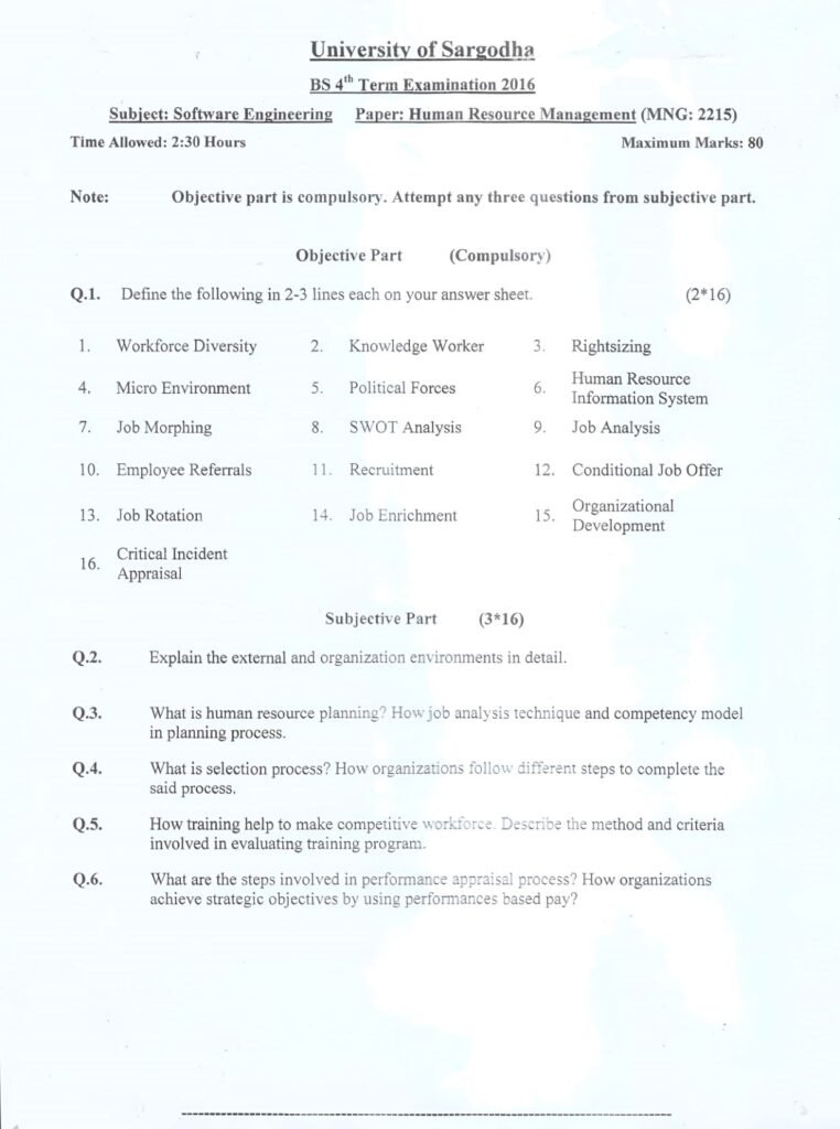 HRM BSSE 4th Term Past Paper 2016 UOS