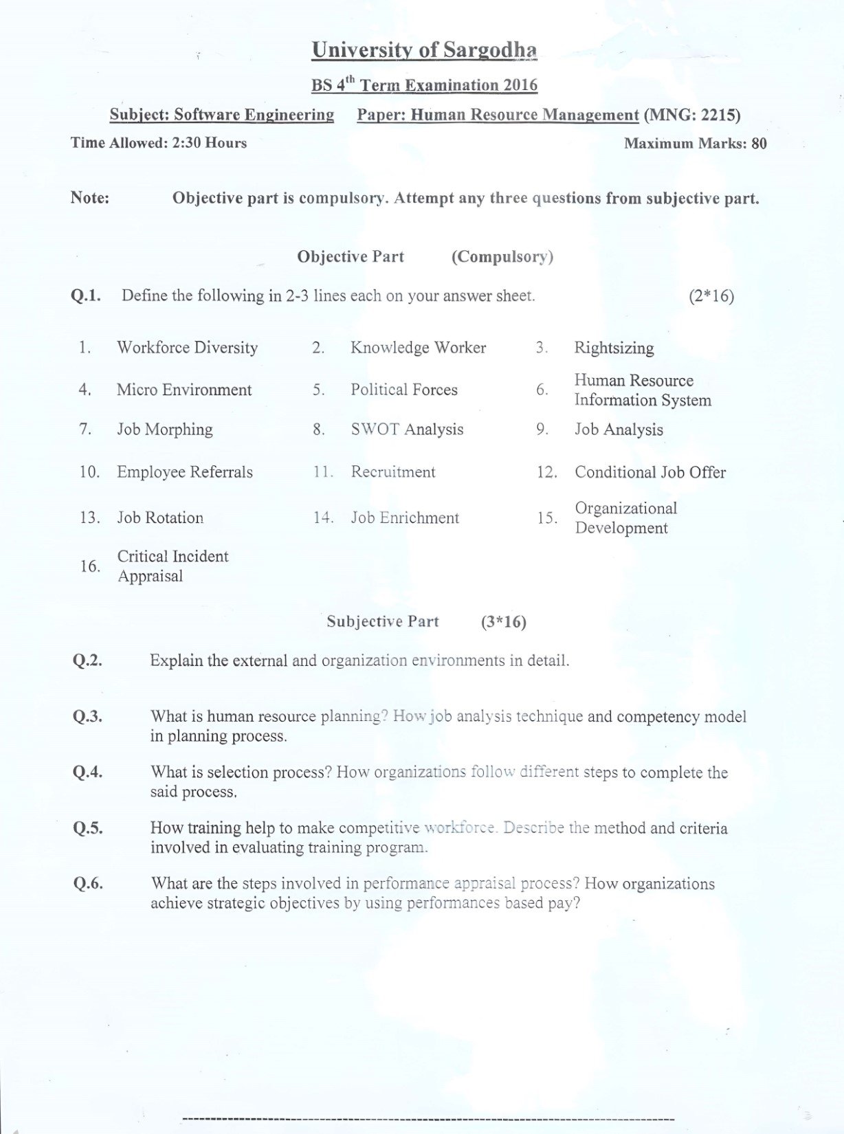 HRM BSSE 4th Term Past Paper 2016 UOS