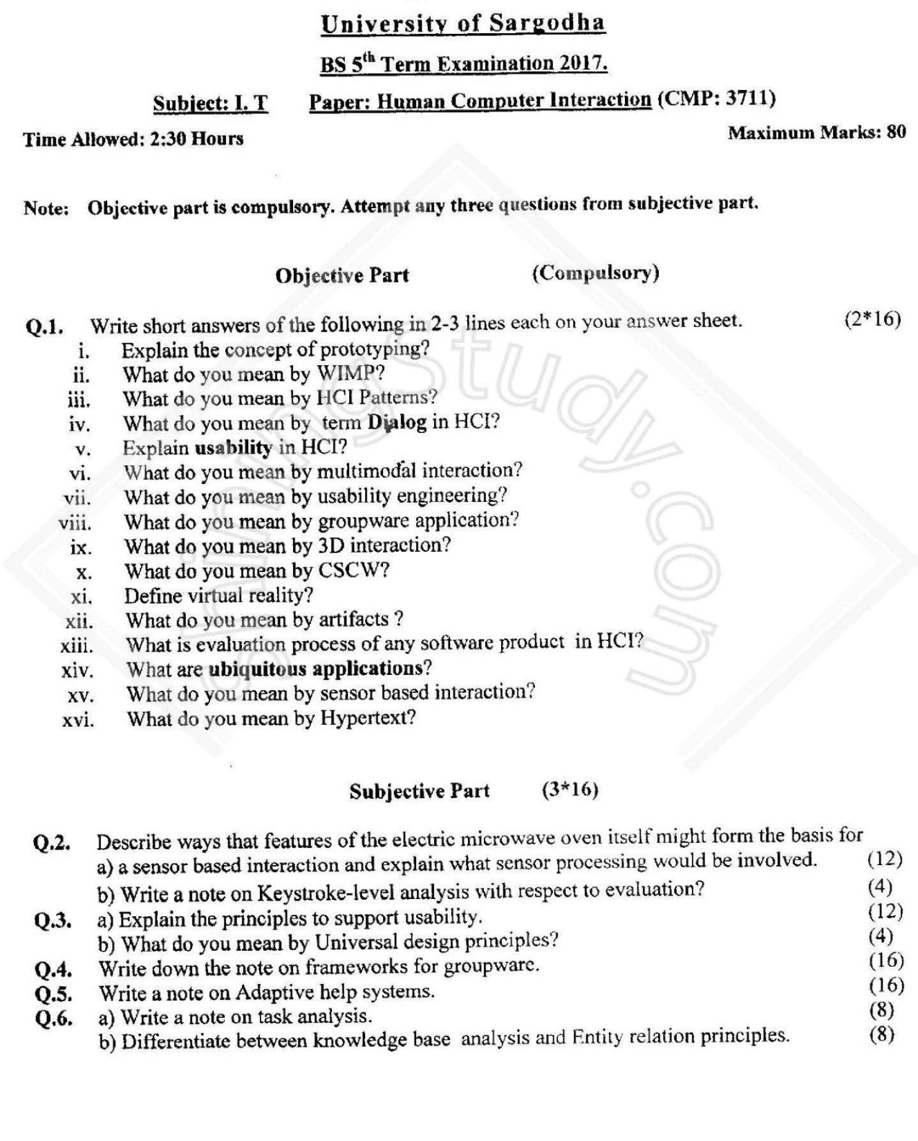 Human Computer Interaction BS IT 5th Term Past Paper 2017 UOS 1 Human Computer Interaction BS IT 5th Term Past Paper 2017 UOS