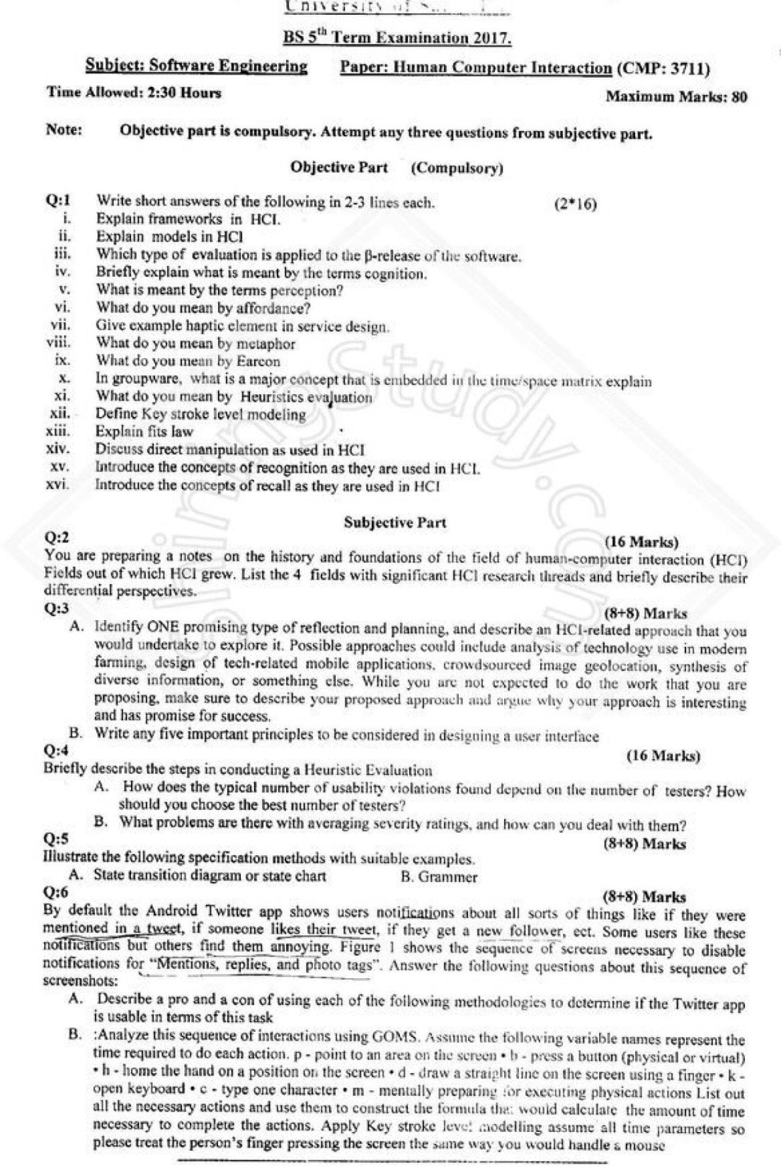 Human Computer Interaction BSSE 5th Term Past Paper 2017 UOS 1 Human Computer Interaction BSSE 5th Term Past Paper 2017 UOS