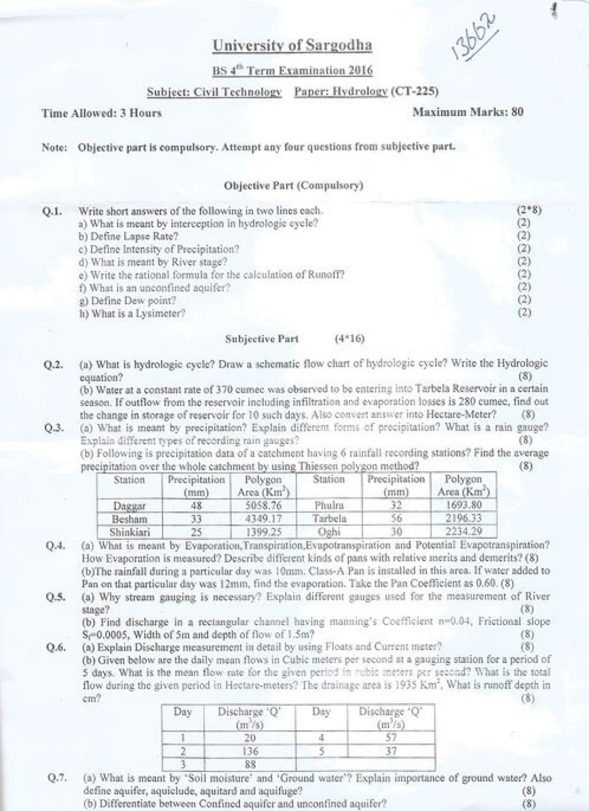 Hydrology Bs Civil Technology Past Paper 4th Term 2016 UOS