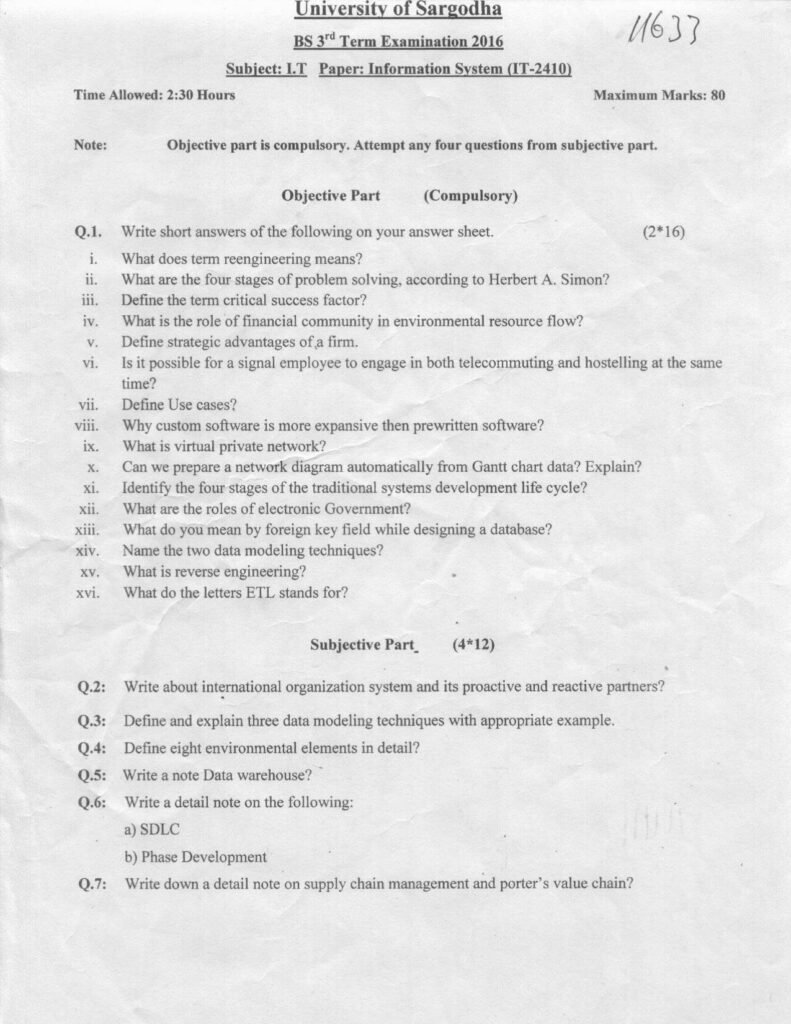 Information System BS IT 3rd Term Past Paper 2016 UOS