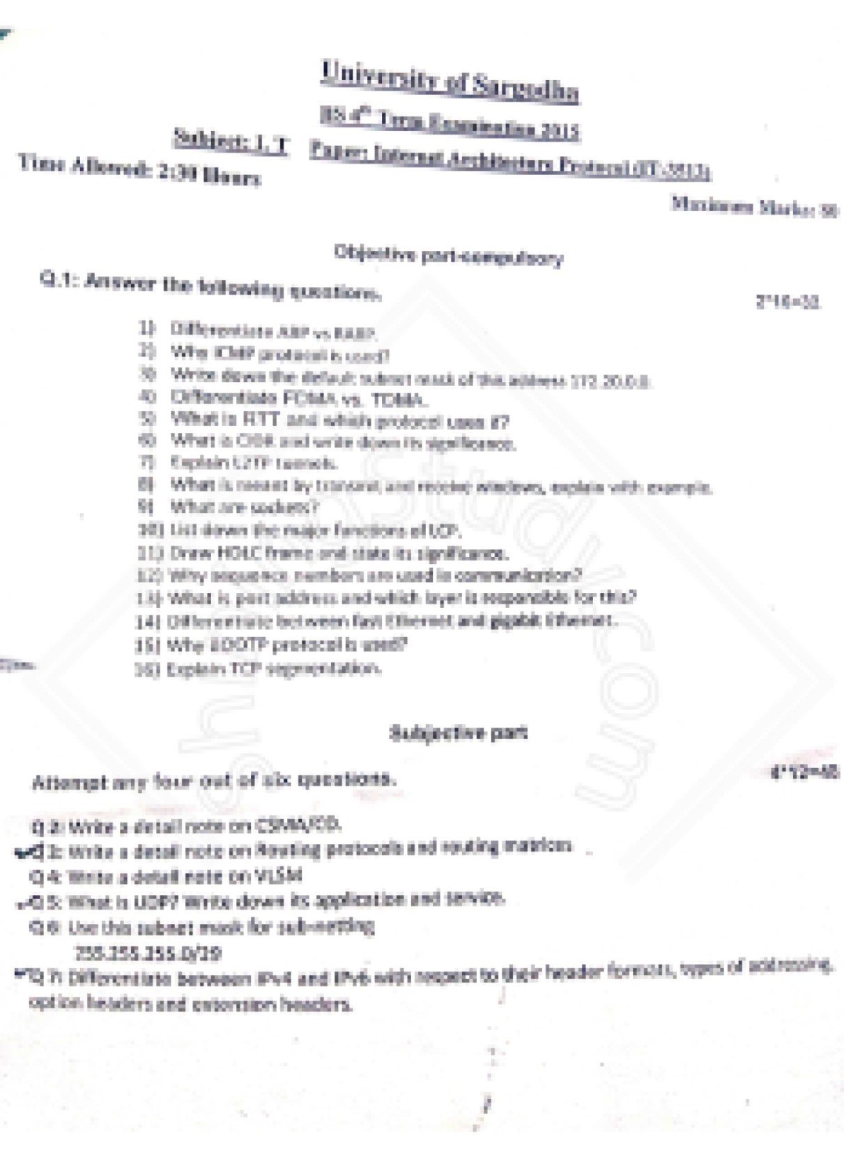 Internet Architecture Protocol BS IT 4th Term Past Paper 2015 UOS