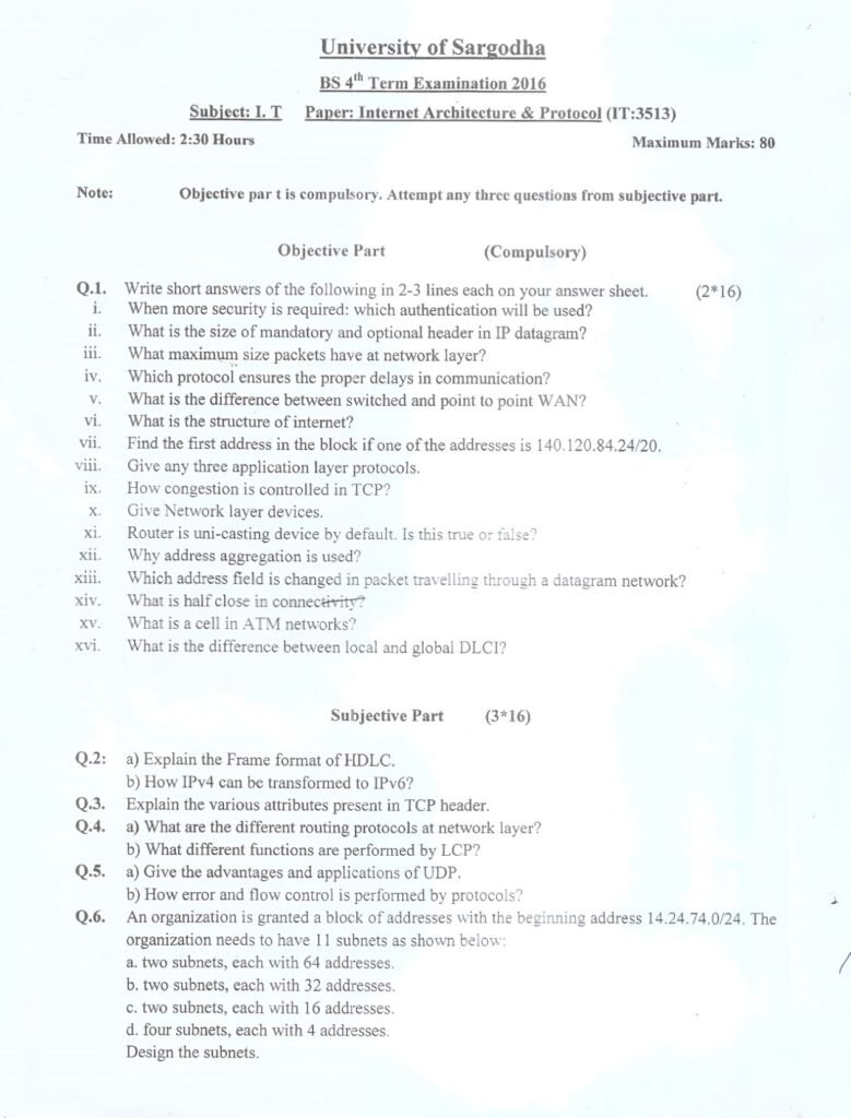 Internet Architecture Protocol BS IT 4th Term Past Paper 2016 UOS