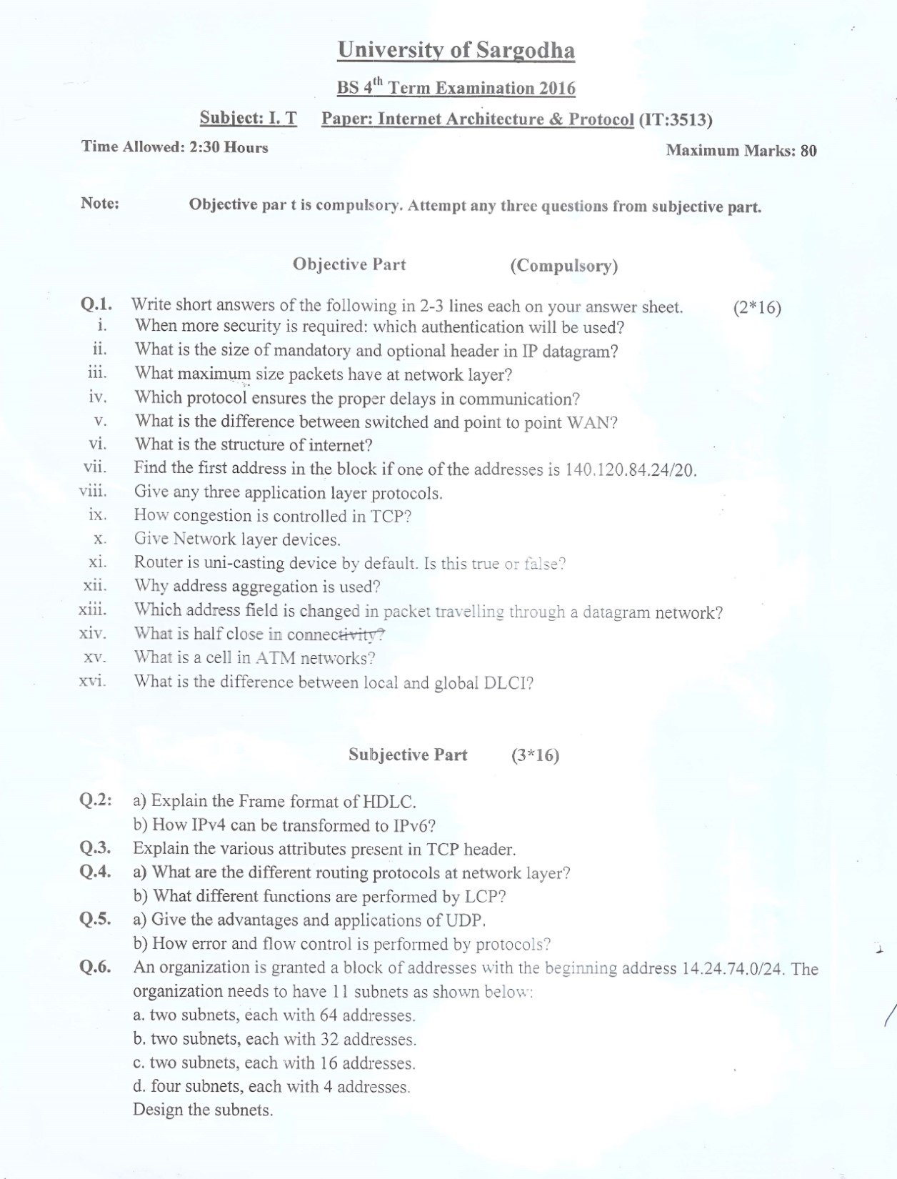 Internet Architecture Protocol BS IT 4th Term Past Paper 2016 UOS