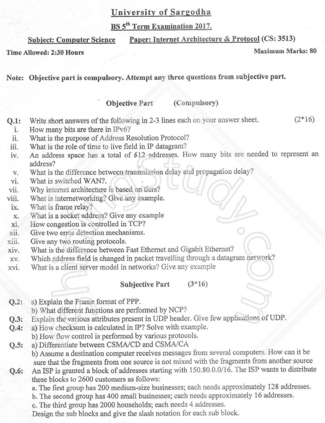 Internet Architecture Protocol BSCS 5th Term Past Paper 2017 UOS