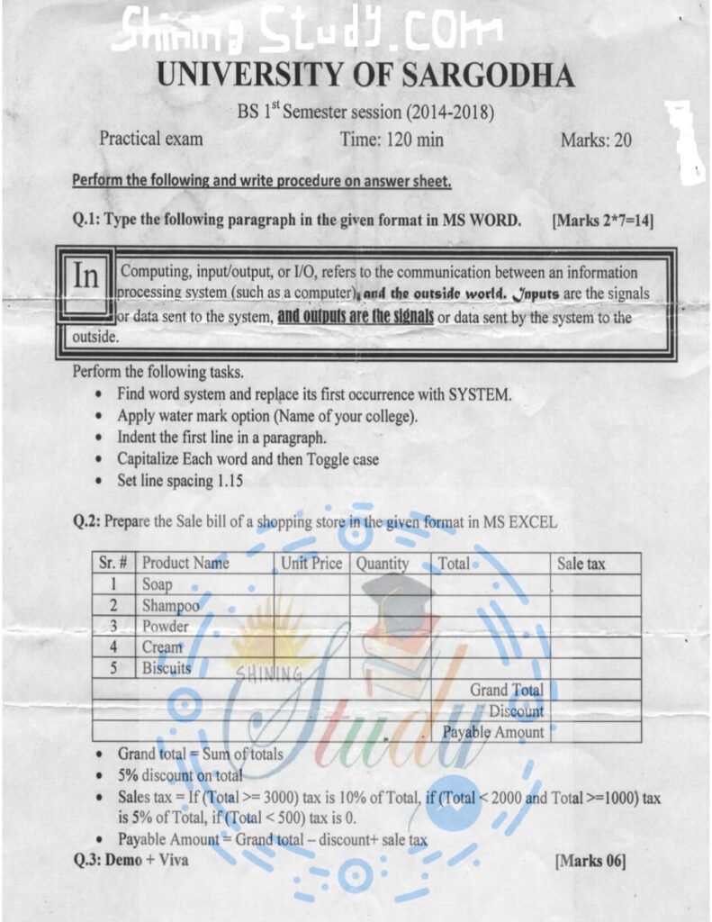 Introduction to ICT BS 1st Term Past Practical exam 2014 18 UOS