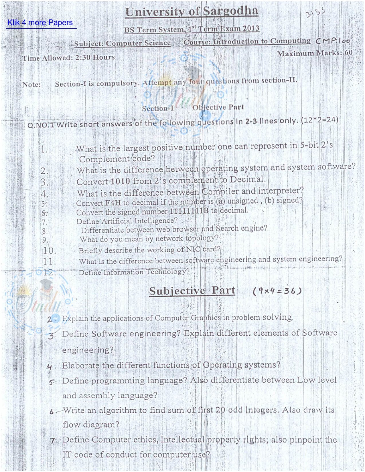 Introduction to ICT BSCS 1st Term Past Paper 2013 UOS 1 Introduction to ICT BSCS 1st Term Past Paper 2013 UOS