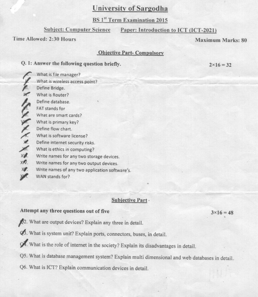 Introduction to ICT BSCS 1st Term Past Paper 2015 UOS