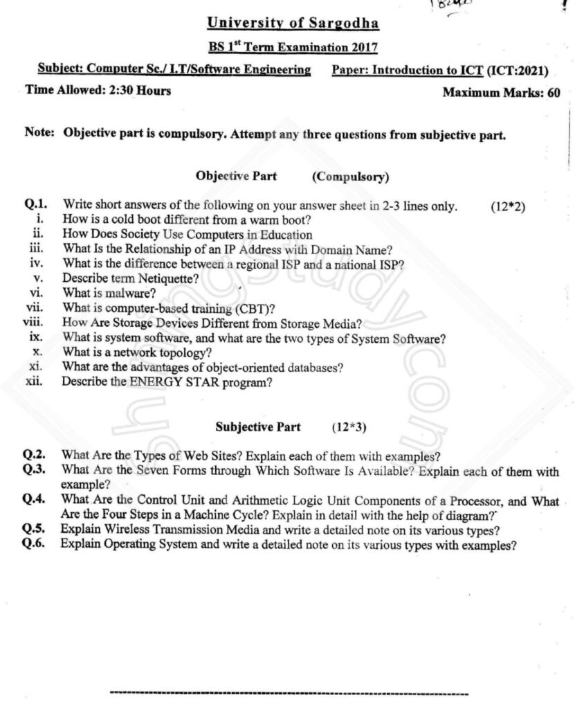 Introduction to ICT BSCS or SE or IT 1st Term Past Paper 2017 UOS