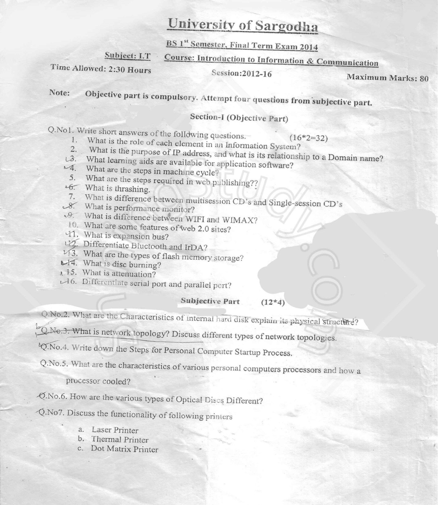 Introduction to ICT BSIT 1st Term Past Paper 2014 UOS 1 Introduction to ICT BSIT 1st Term Past Paper 2014 UOS