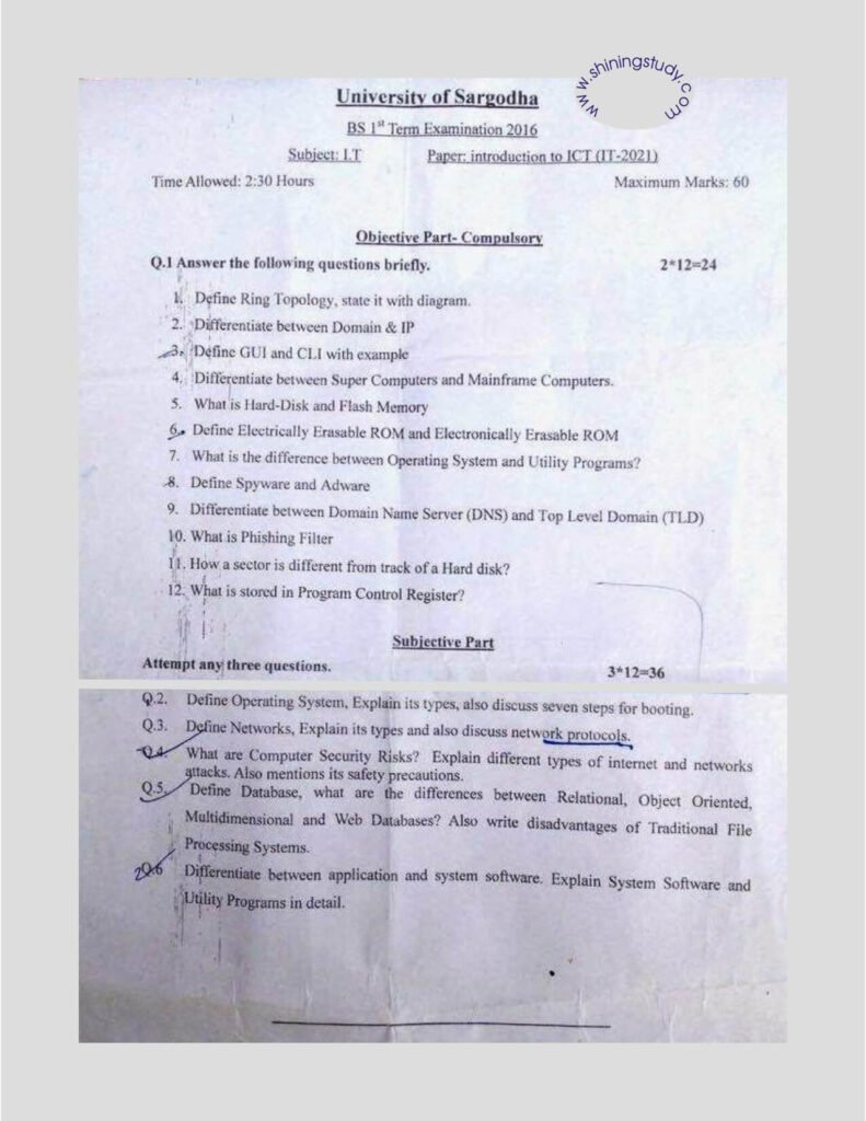 Introduction to ICT BSIT 1st Term Past Paper 2016 UOS