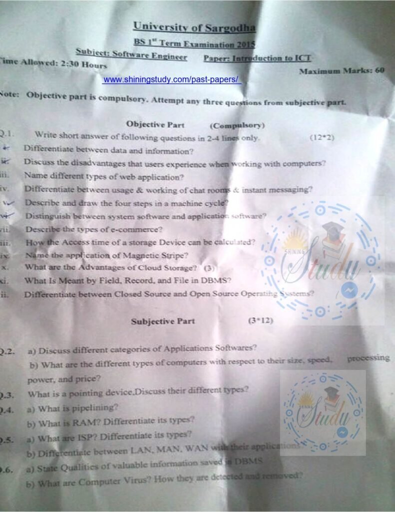 Introduction to ICT BSSE 1st Term Past Paper 2015 UOS