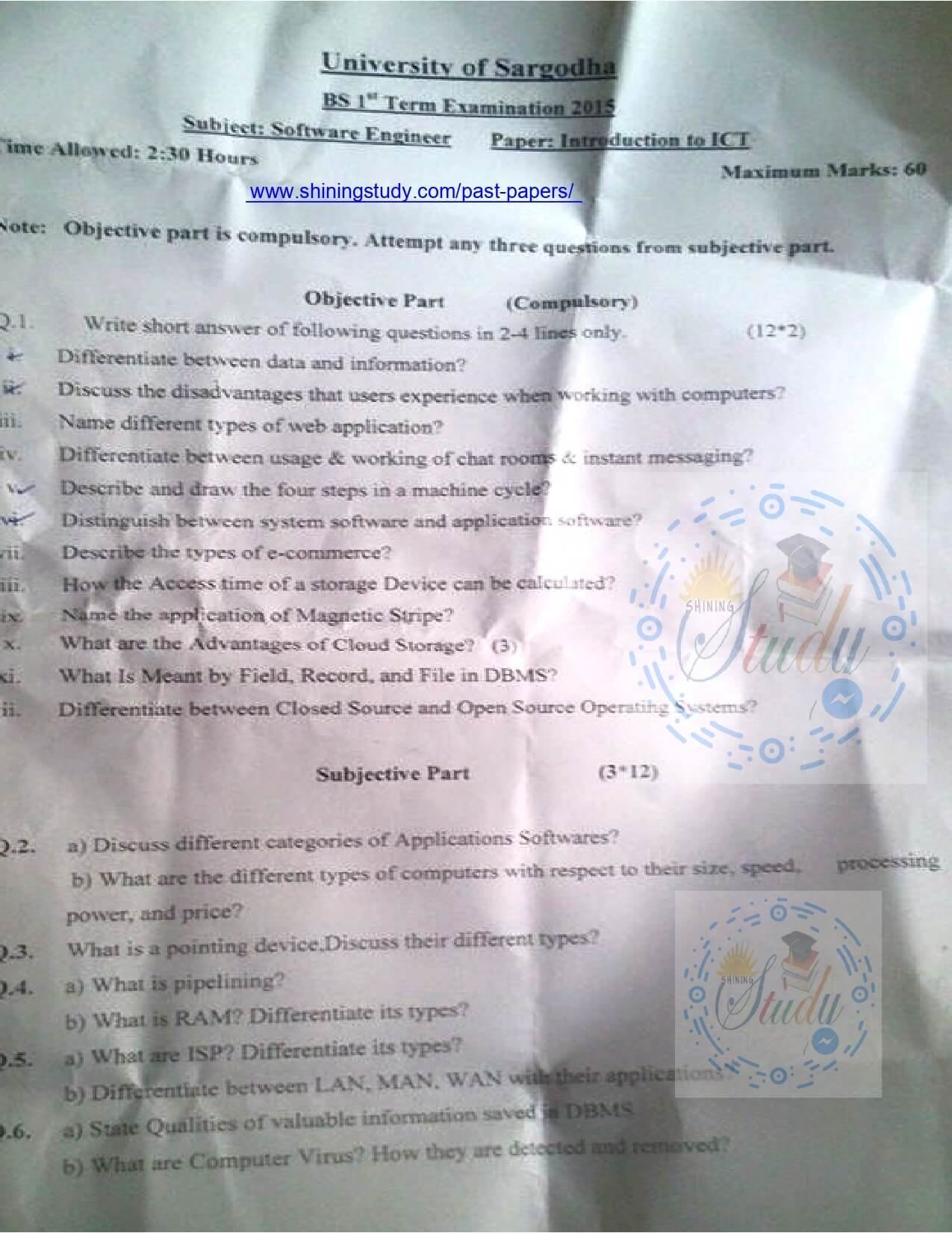 Introduction to ICT BSSE 1st Term Past Paper 2015 UOS 1 Introduction to ICT BSSE 1st Term Past Paper 2015 UOS