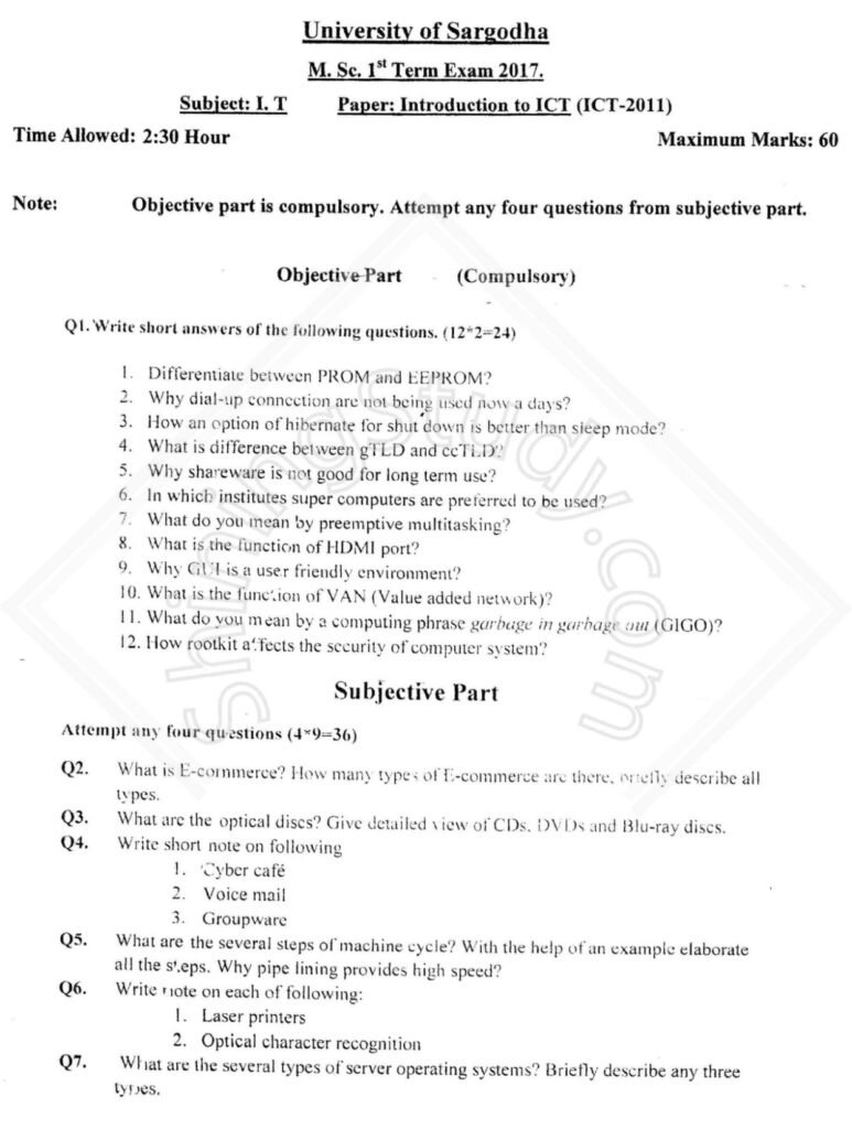 Introduction to ICT MSC IT 1st Term Past Paper 2017 UOS