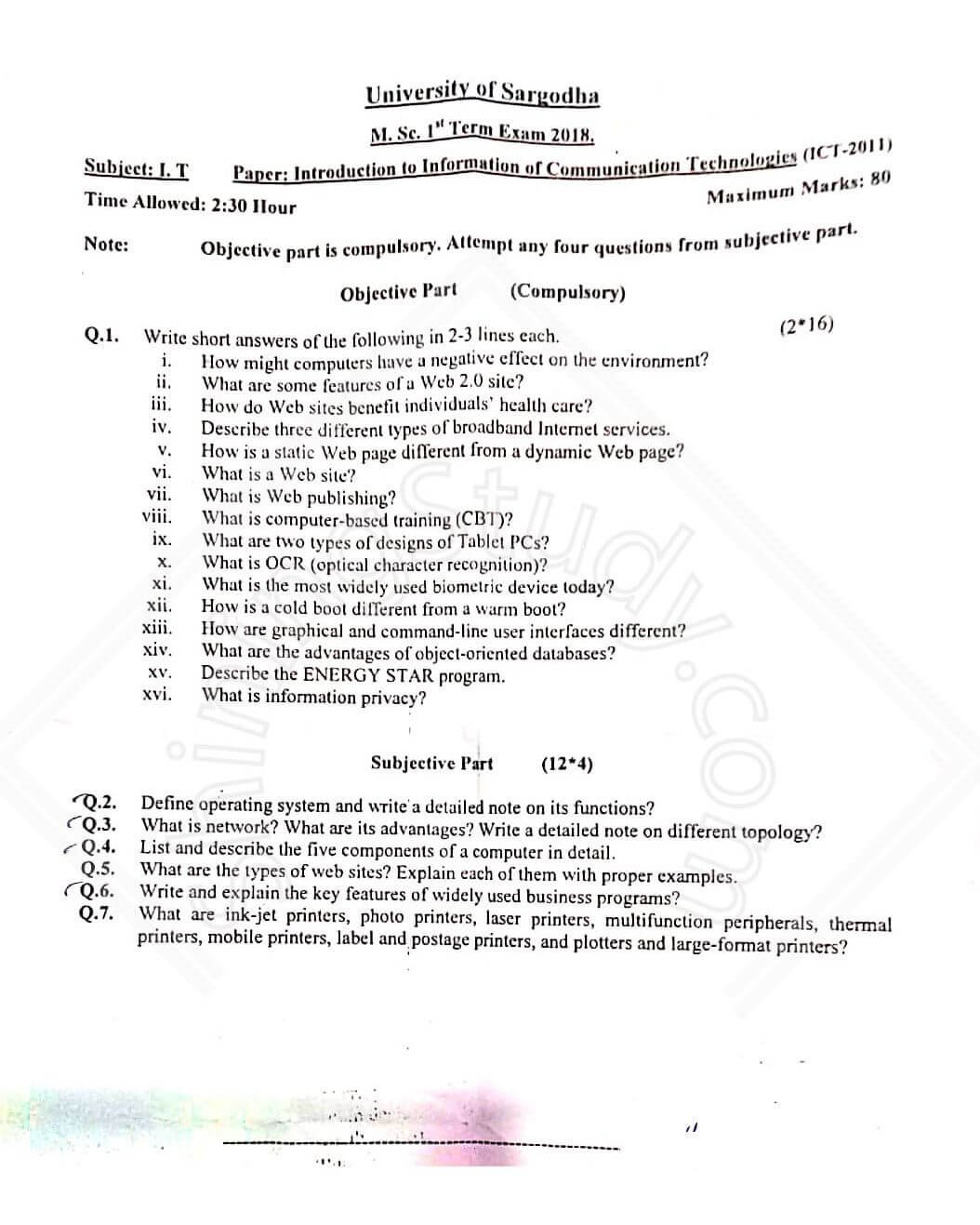 Introduction to ICT MSC IT 1st Term Past Paper 2018 UOS 1 Introduction to ICT MSC IT 1st Term Past Paper 2018 UOS