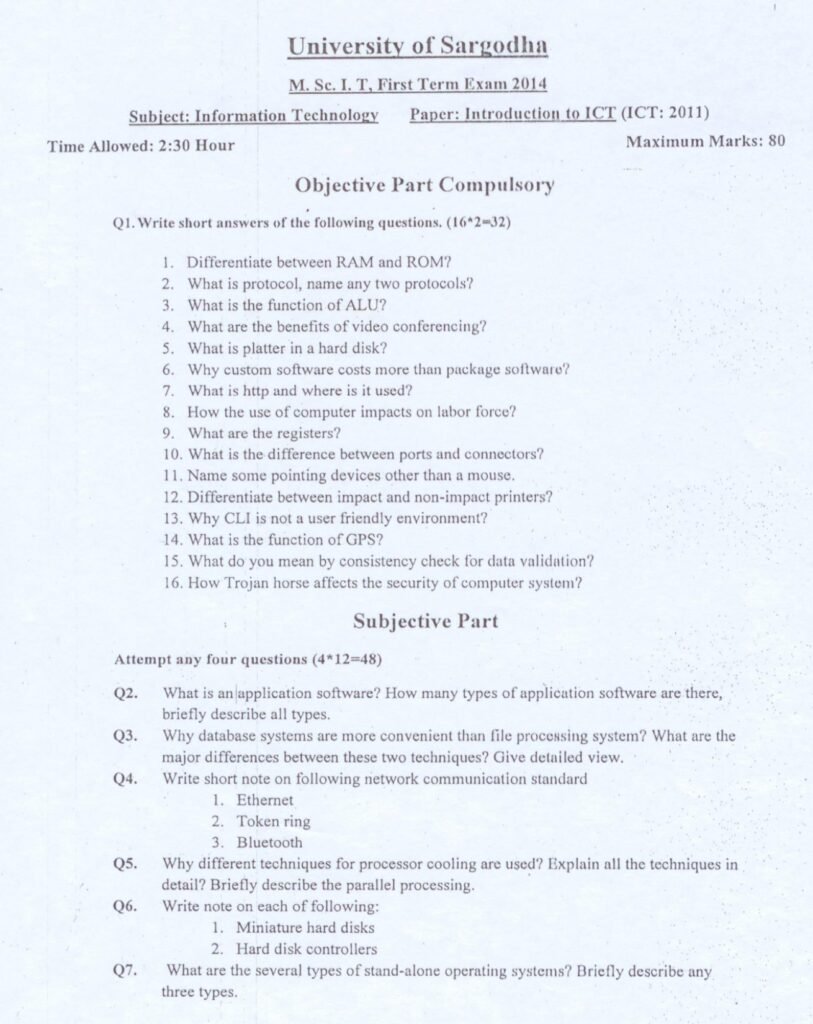 Introduction to ICT MSc IT 1st Term Past Paper 2014 UOS