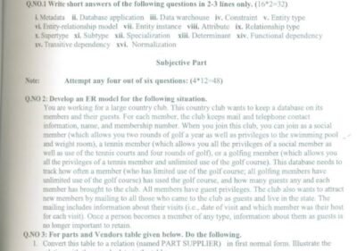 Introduction to database system BSIT 3rd Term Past Paper 2014 UOS