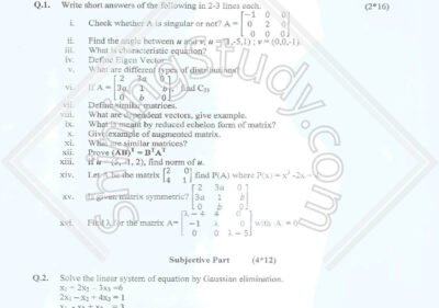 Linear Algebra BSCS Term 4th Past Paper 2016 UOS
