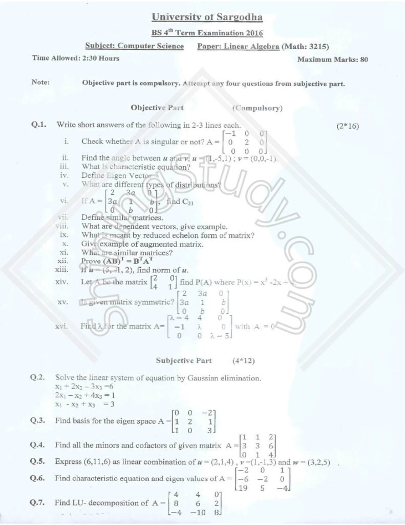 Linear Algebra BSCS Term 4th Past Paper 2016 UOS