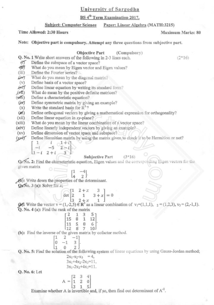 Linear Algebra BSCS Term 4th Past Paper 2017 UOS