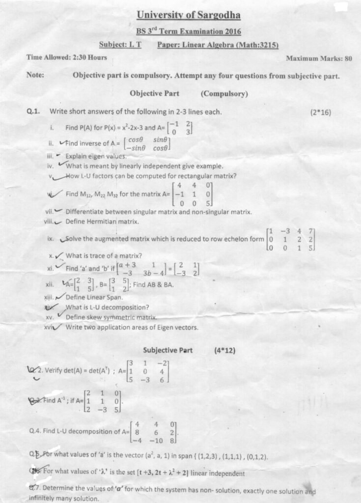 Linear Algebra BSIT Term 3rd Past Paper 2016 UOS