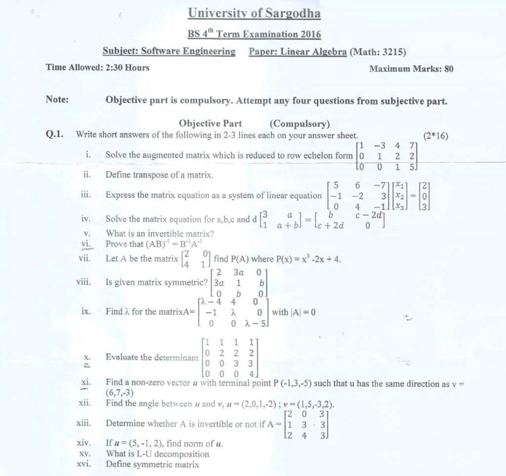 Linear Algebra BSSE Term 4th Past Paper 2016 UOS 1